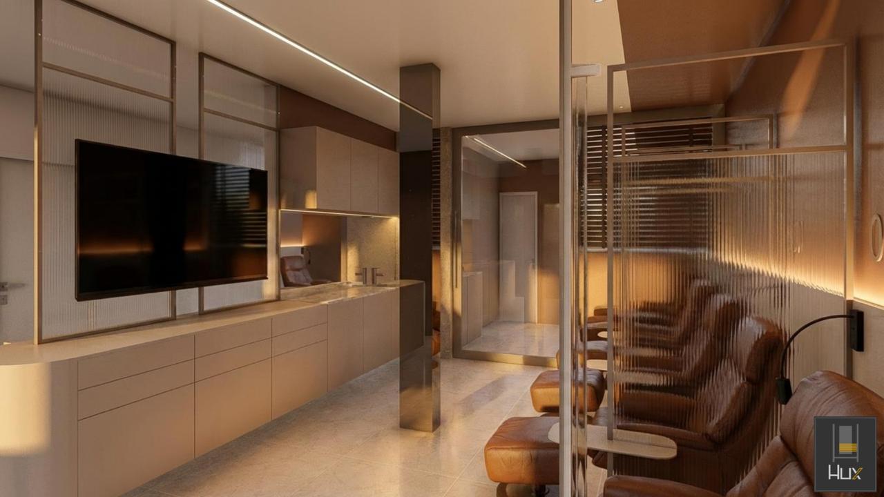 Sala de soroterapia com poltronas de couro